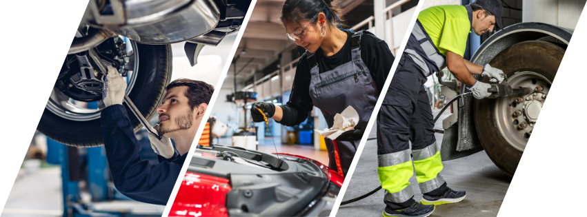 Automotive and truck technicians diagnosing and repairing vehicle systems in a service environment