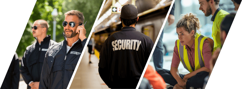 Security services professionals monitoring access points, surveillance systems, and emergency response activity