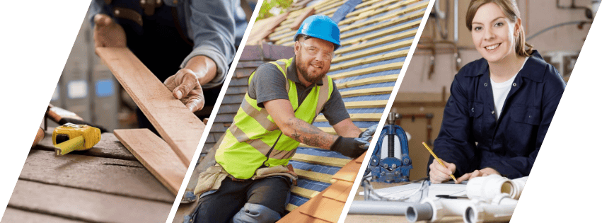 Construction workers demonstrating trade skills across safety, tools, and building systems